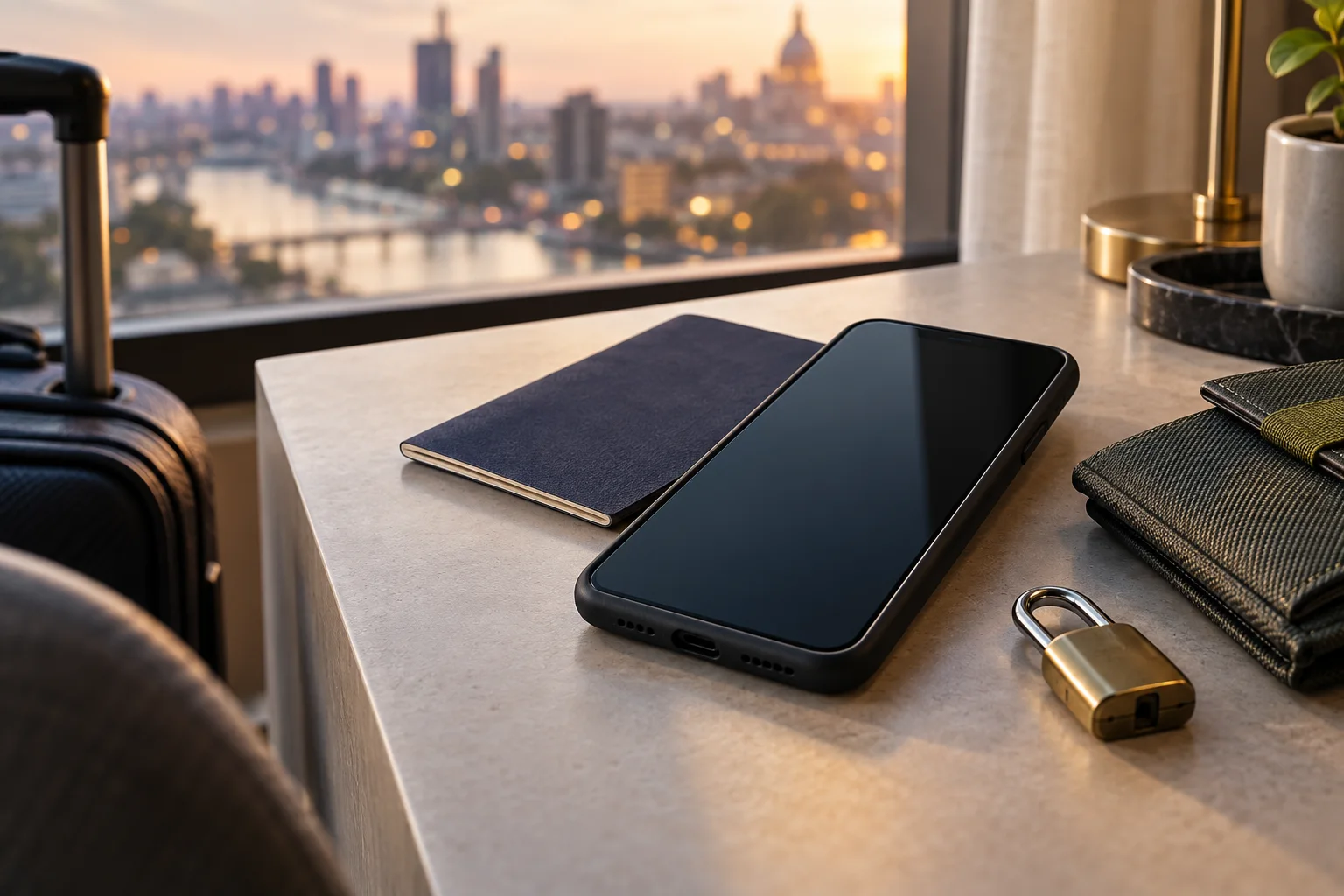 Smartphone in a protective case beside a passport, travel wallet and padlock on a hotel desk