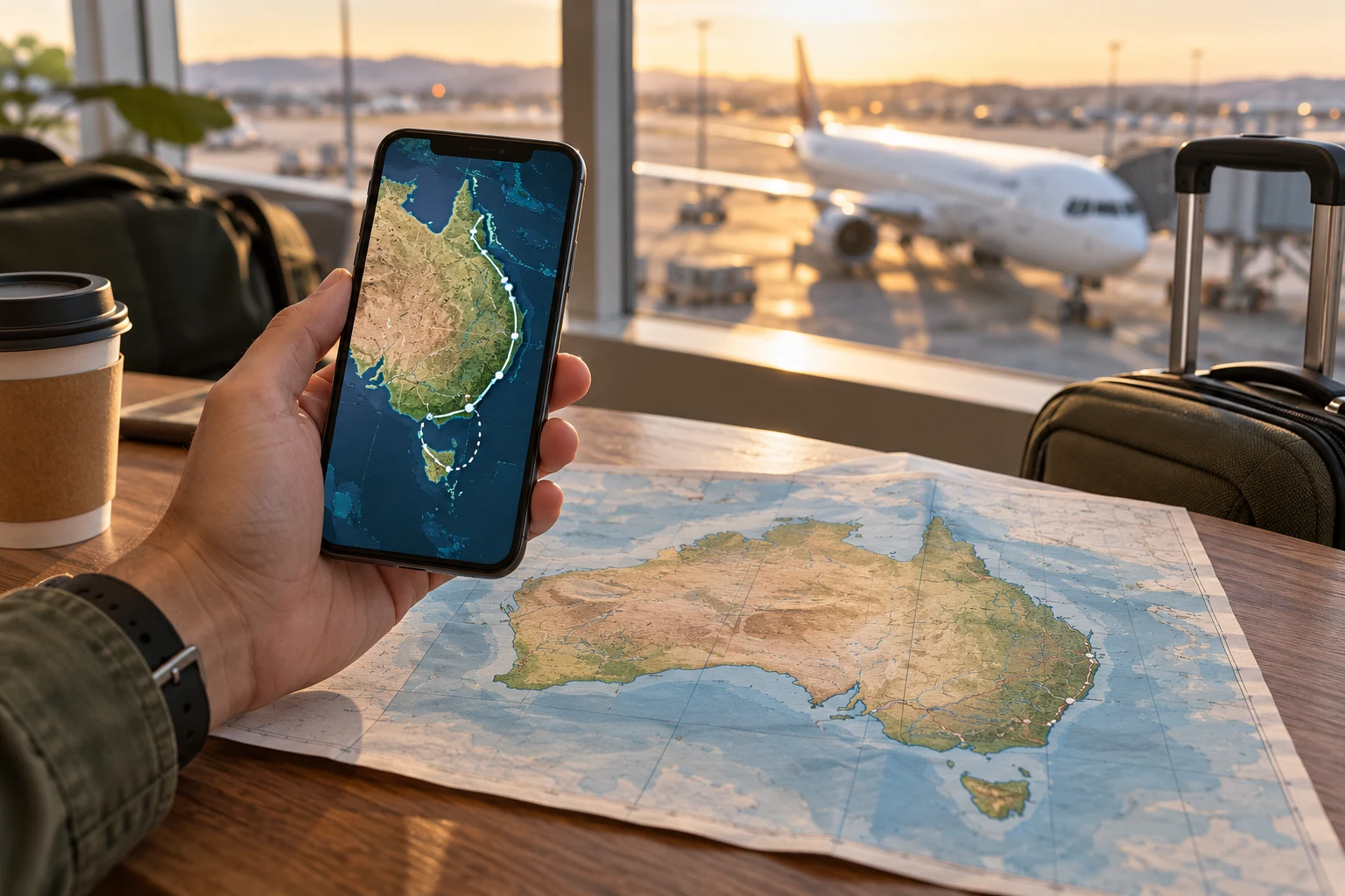 Traveler comparing an Australia travel eSIM on a phone beside an illustrated Australia route map