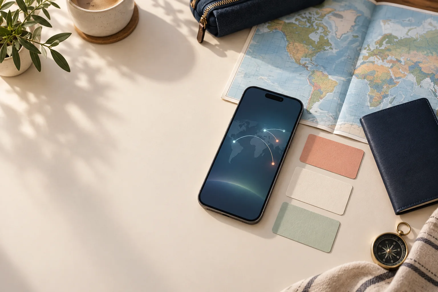 Unlocked smartphone beside a passport, map and travel checklist while comparing eSIM plans before an international trip