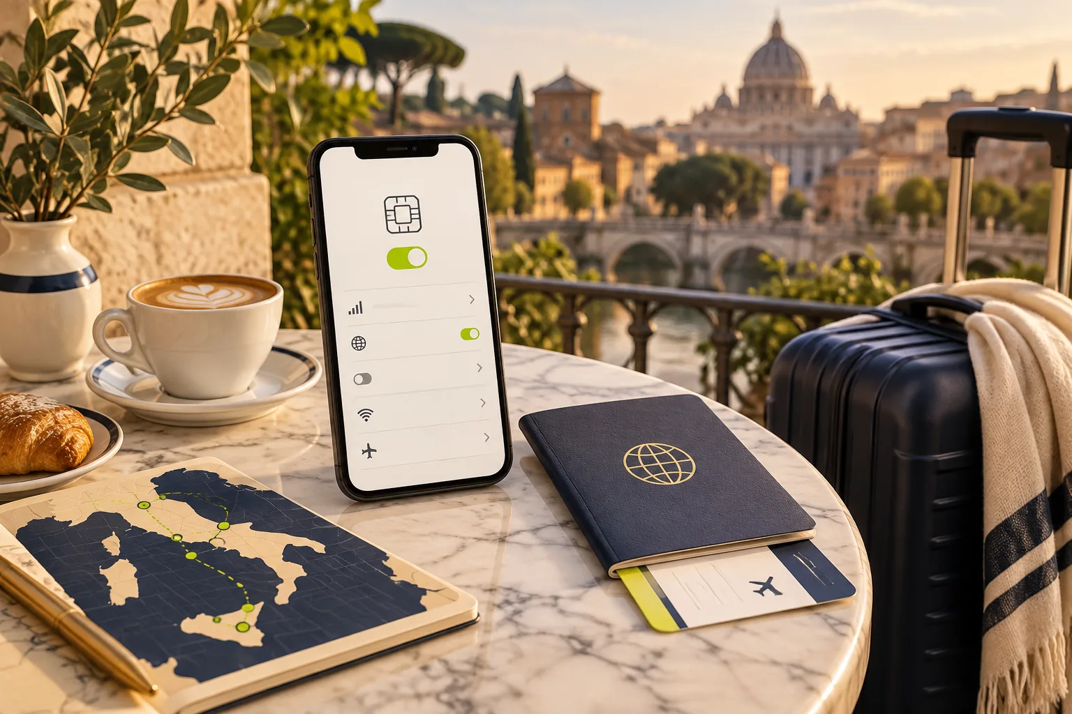 Traveler comparing an Italy travel eSIM on a phone beside a route map, passport and luggage