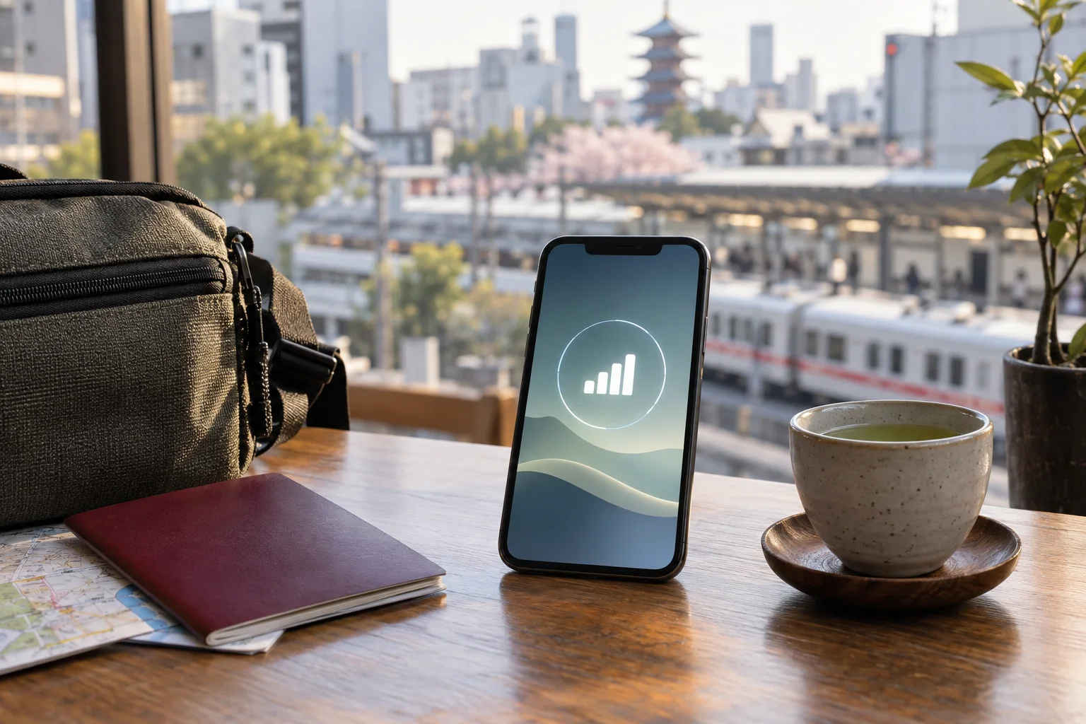 Traveler comparing a Japan travel eSIM on a phone beside a rail map and passport