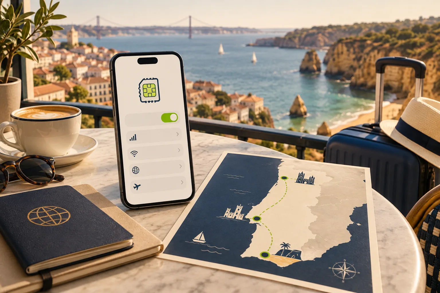 Traveler comparing a Portugal travel eSIM on a phone beside a coastal route map, passport and luggage