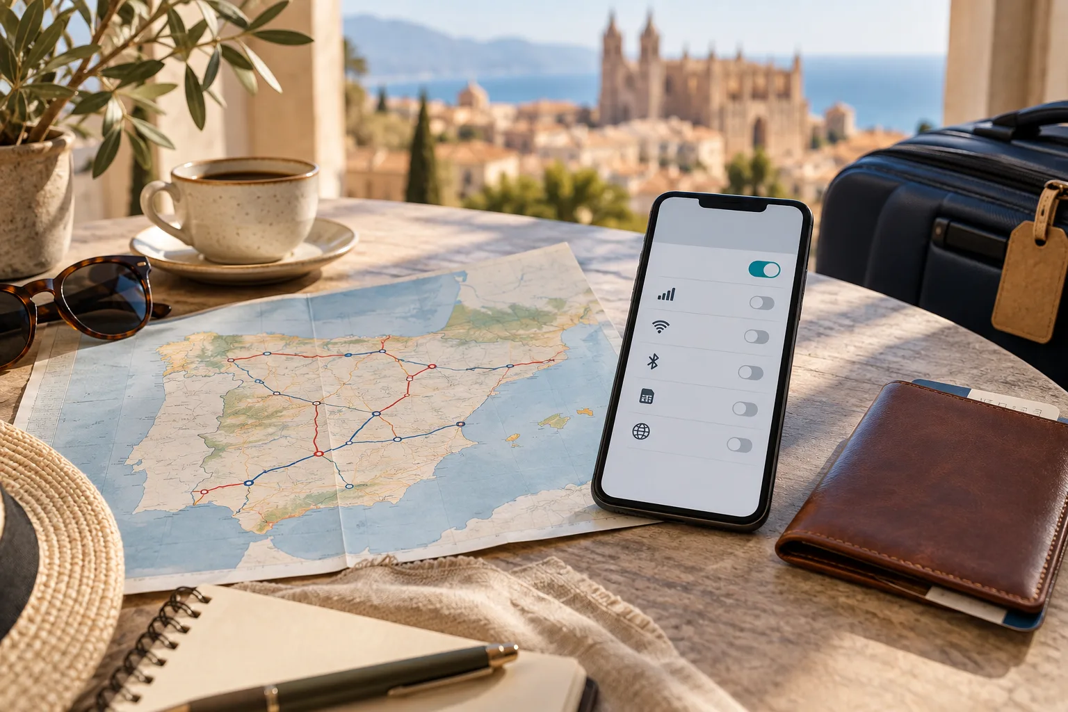 Traveler comparing a Spain travel eSIM on a phone beside a route map, passport and luggage