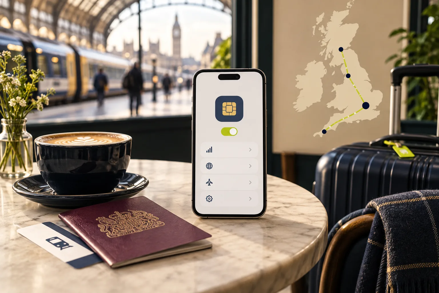 Traveler comparing a UK travel eSIM on a phone beside a rail route map and passport