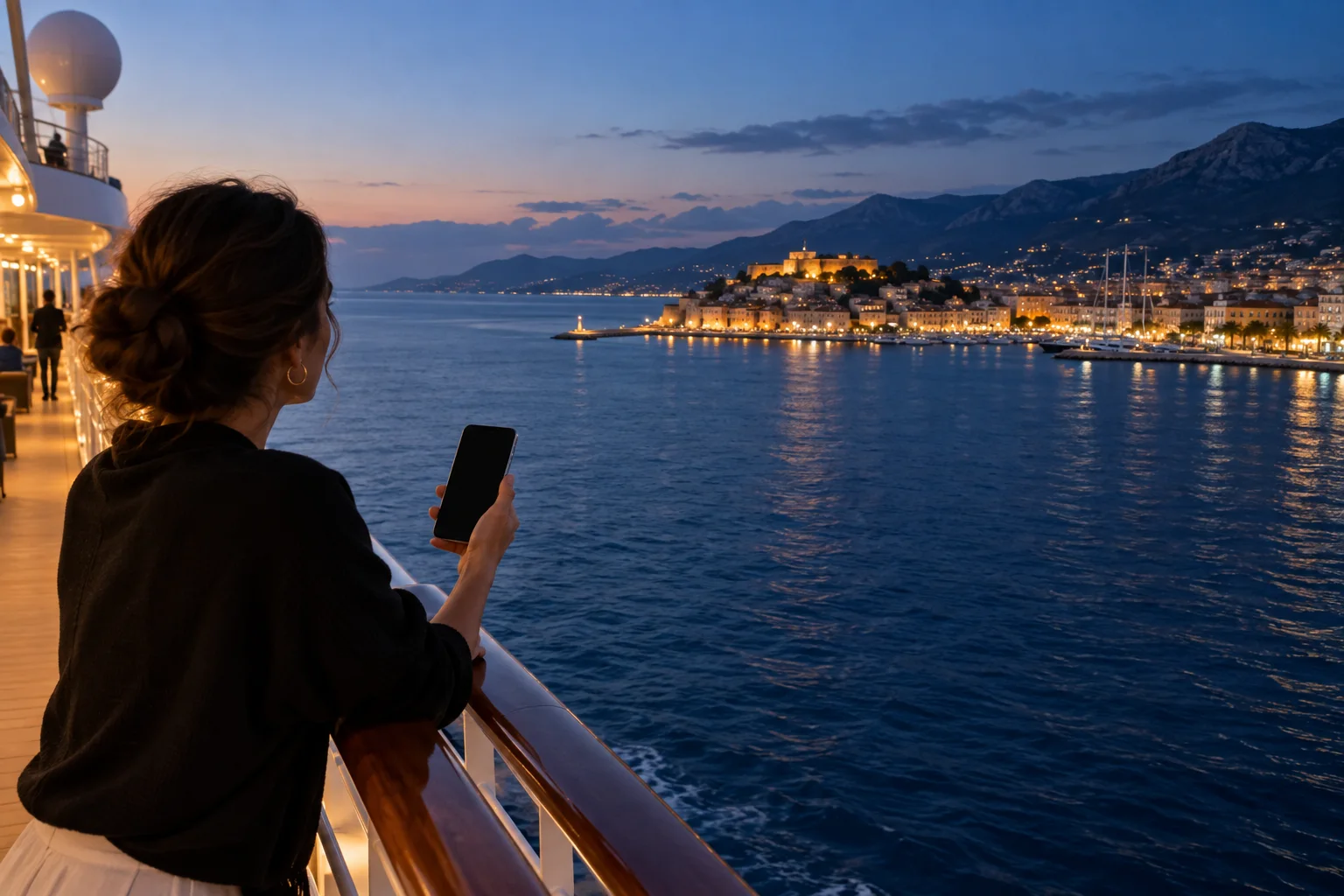 Traveler on a cruise deck looking across open water toward a softly lit Mediterranean port