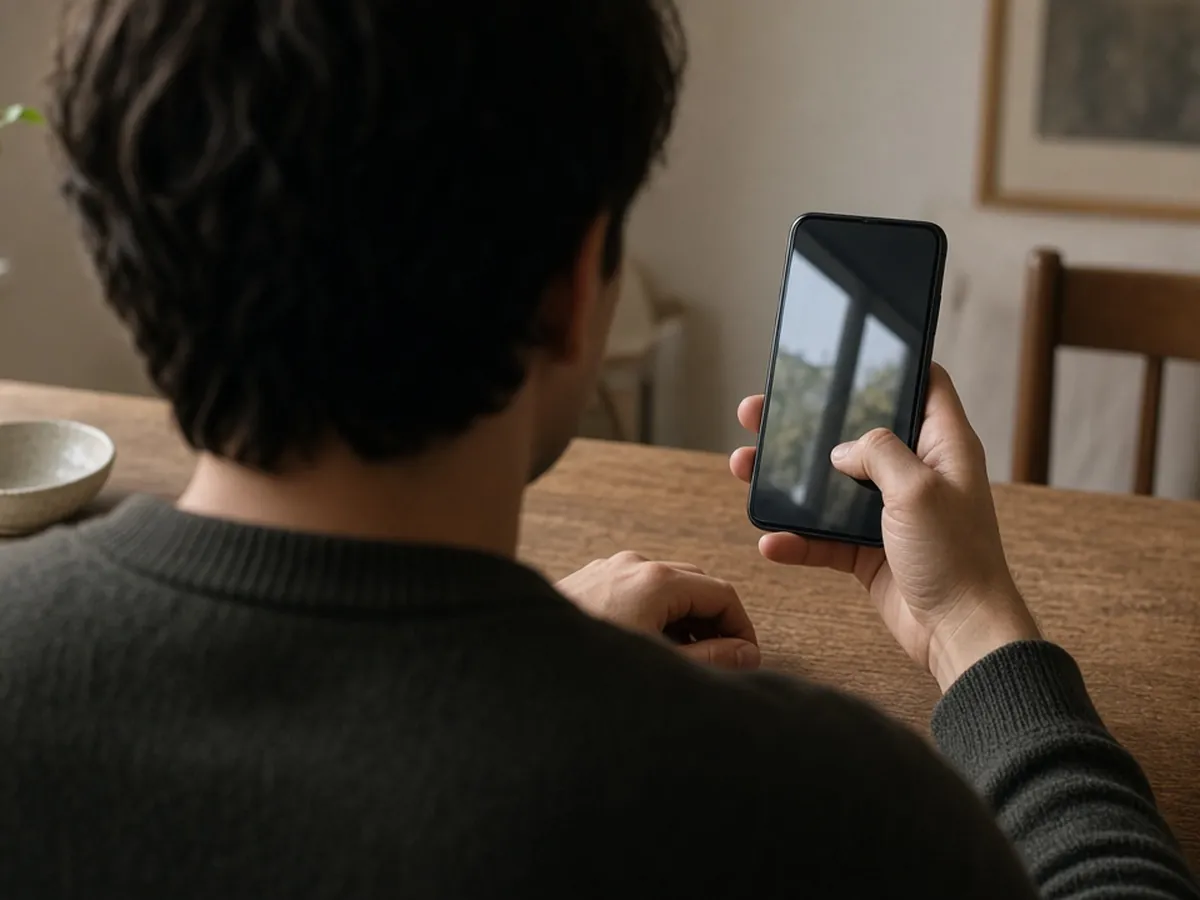Person from behind reviewing a smartphone before deleting an eSIM profile