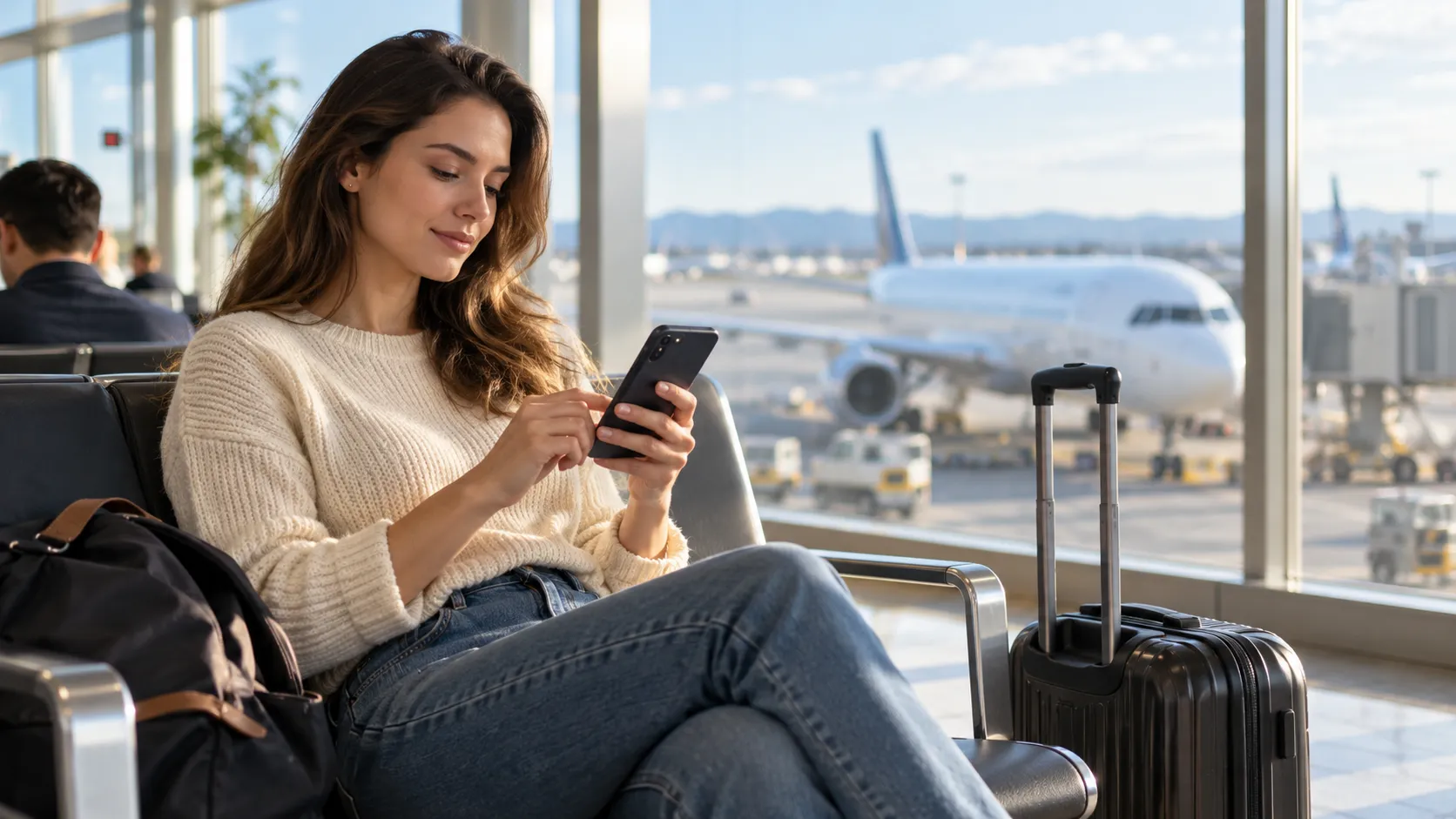 Traveler reviews mobile signal and battery settings on a phone before a trip
