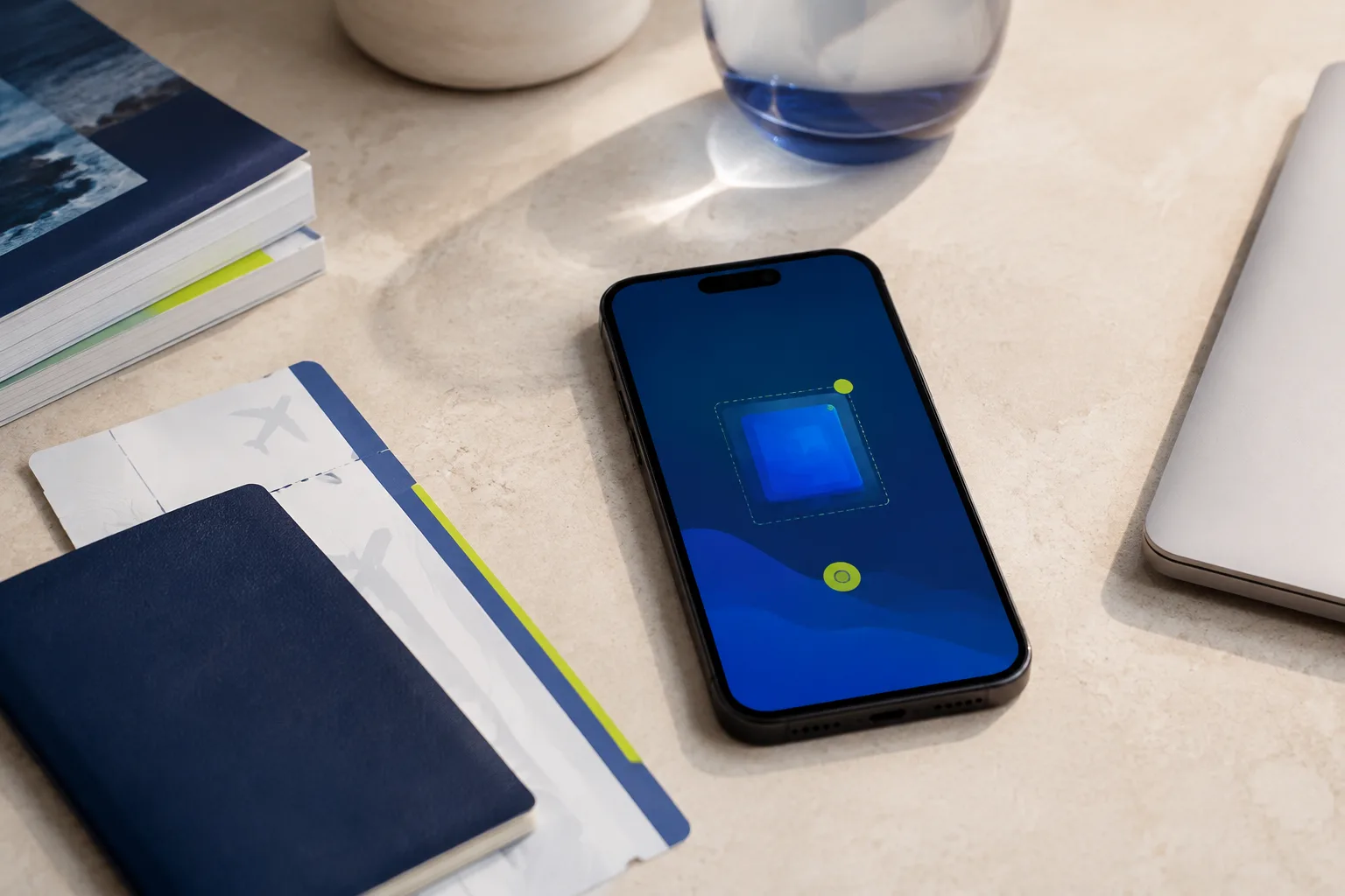 An iPhone and travel notes arranged on a desk before eSIM activation