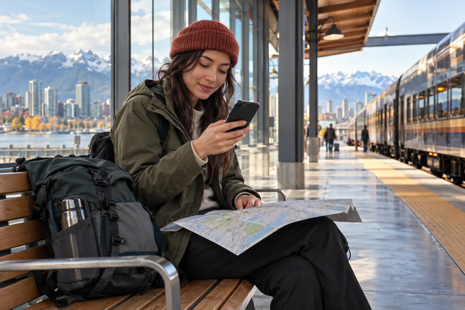 Traveler checking an unbranded phone and paper map on a Canadian train platform