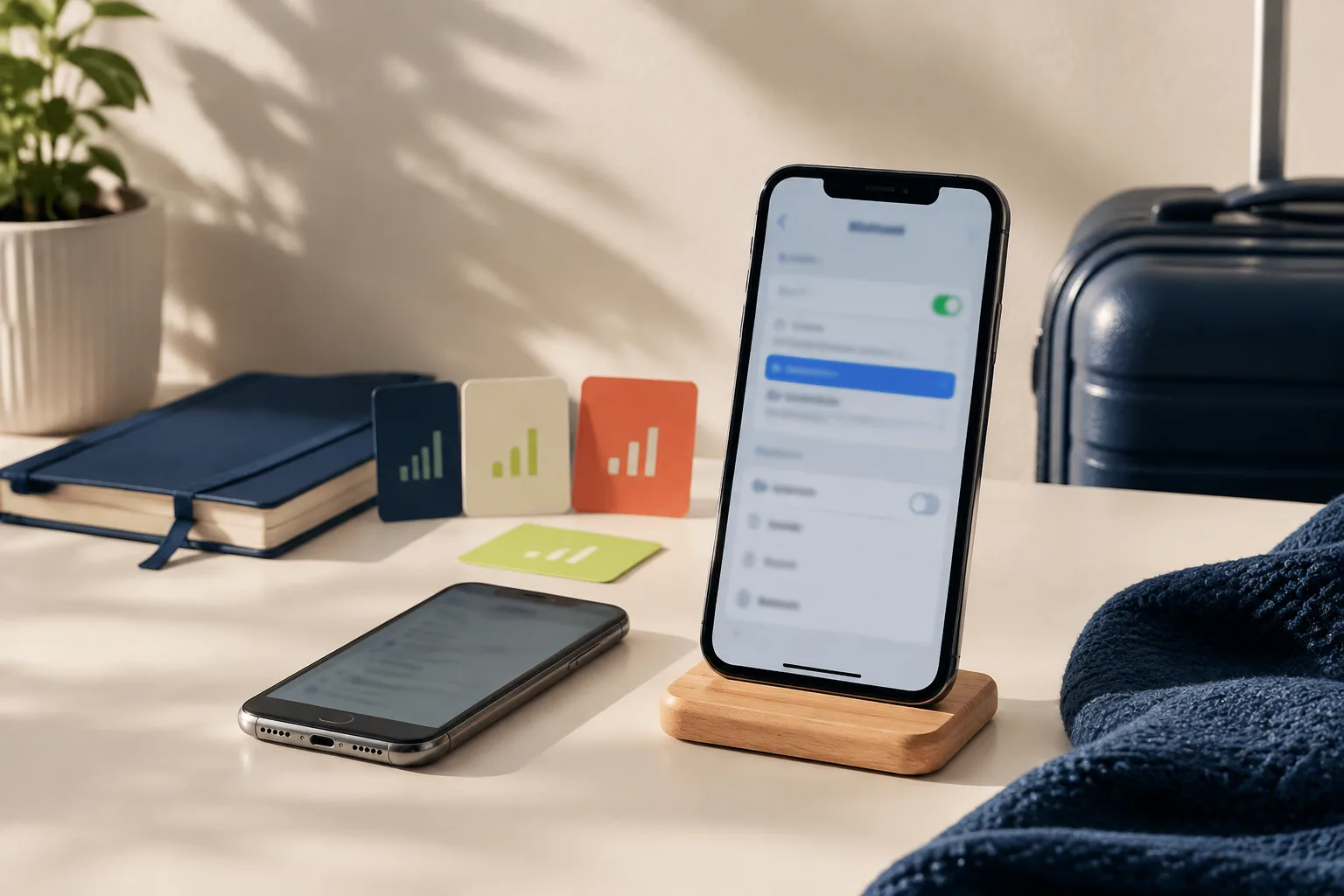 Phone displaying a signal check beside a travel notebook before eSIM setup