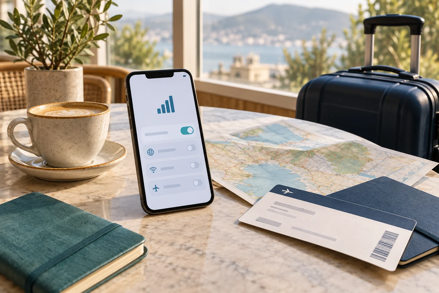 Travel eSIM planning scene with a phone, route map, boarding pass and carry-on luggage