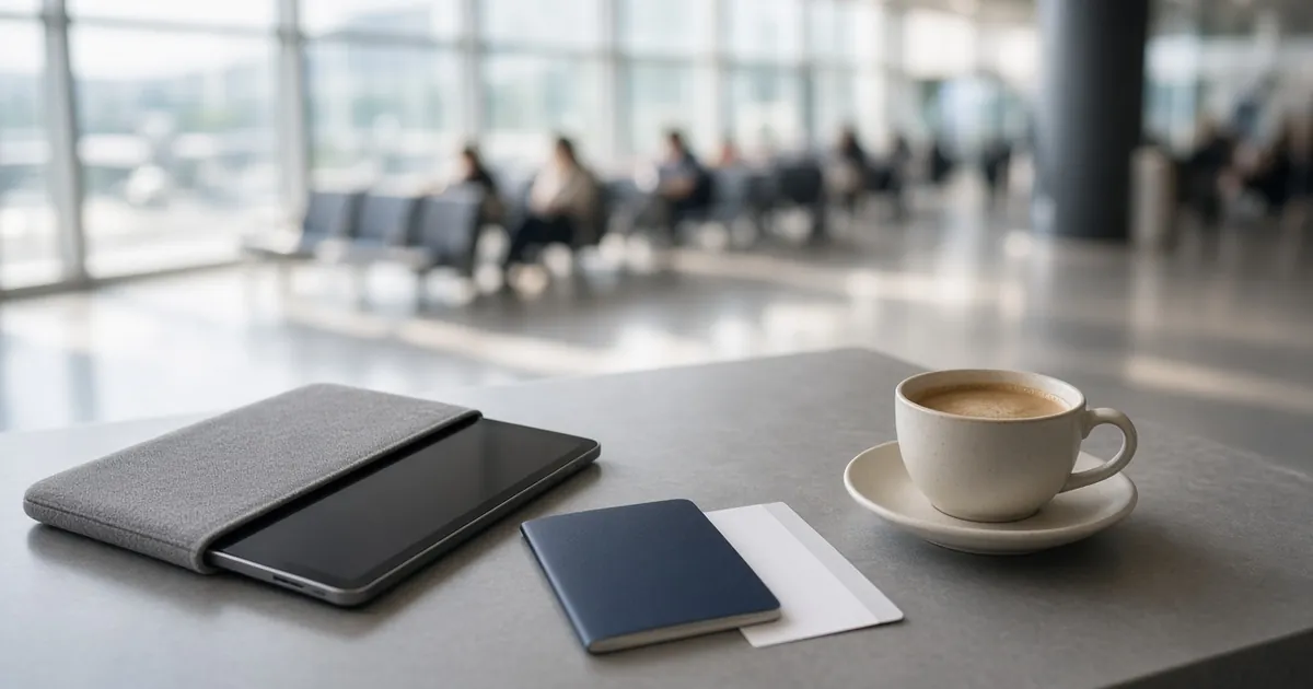 Tablet in a sleeve next to a passport and boarding pass on an airport café table