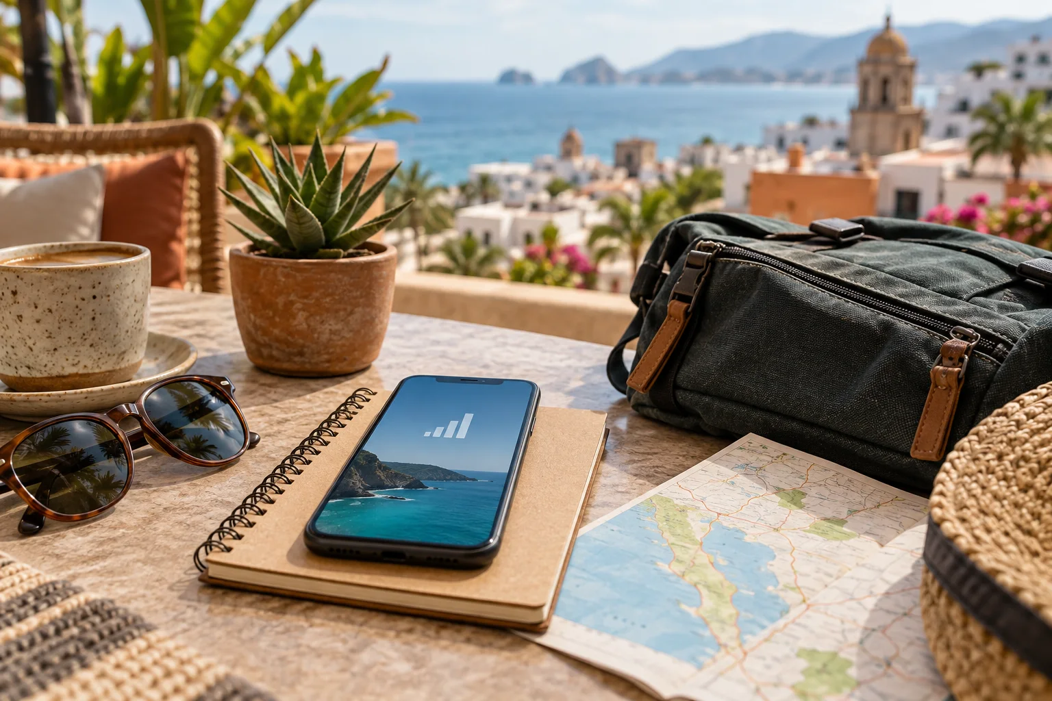 Traveler checking a Mexico travel eSIM on a phone beside a route map and passport