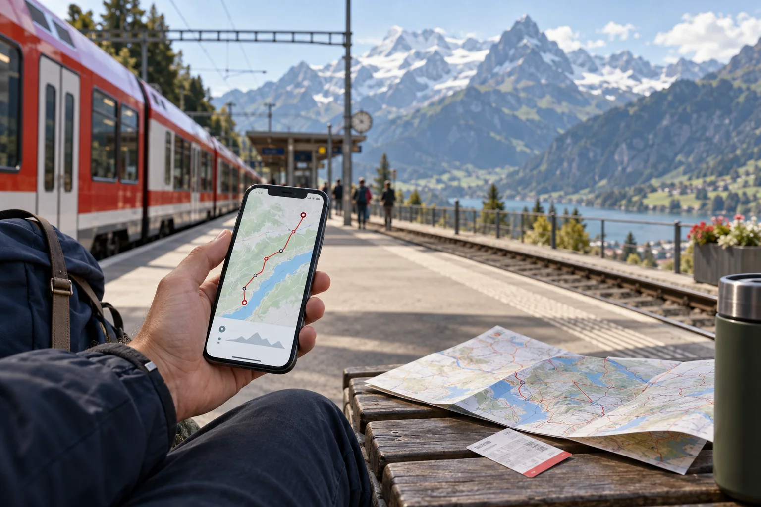 Traveler checking an abstract route map on a phone at a Swiss railway platform with the Alps in the distance