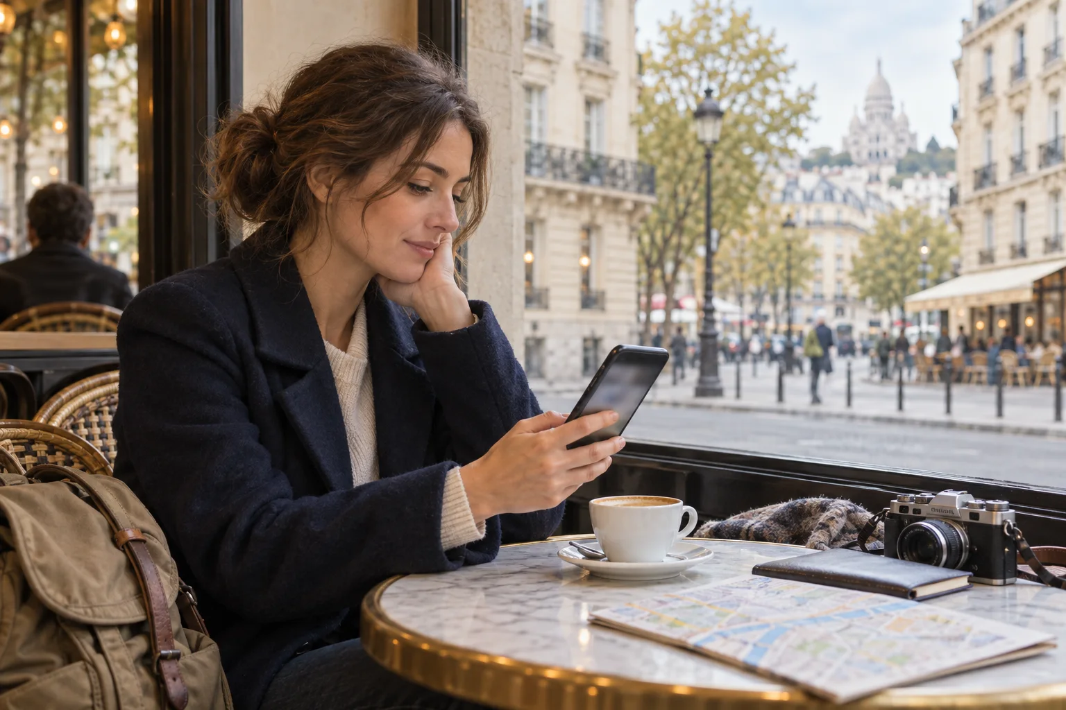 Traveler checking a phone while taking a break at an outdoor Paris café