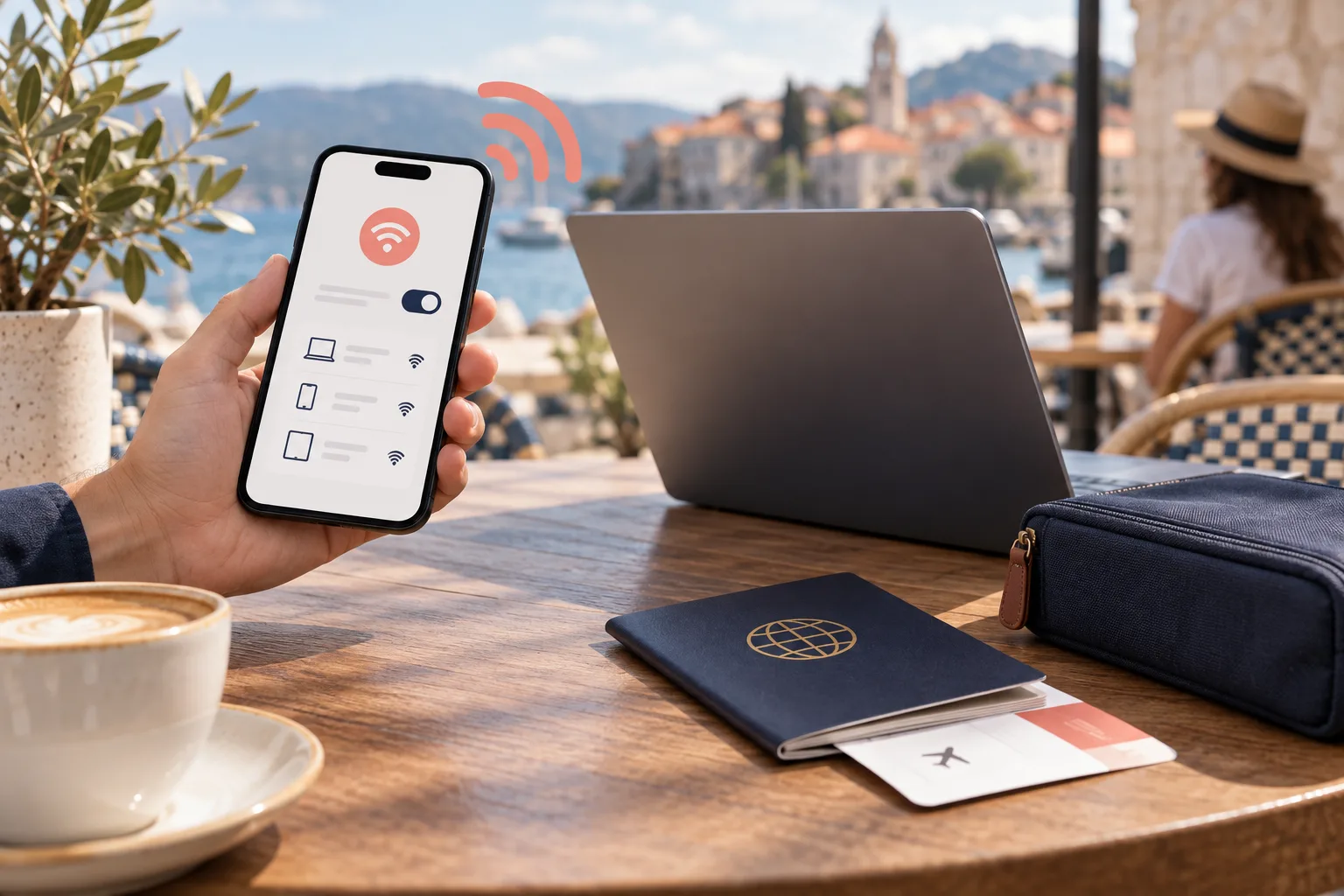 Phone showing a generic hotspot screen beside a laptop, passport and travel pouch
