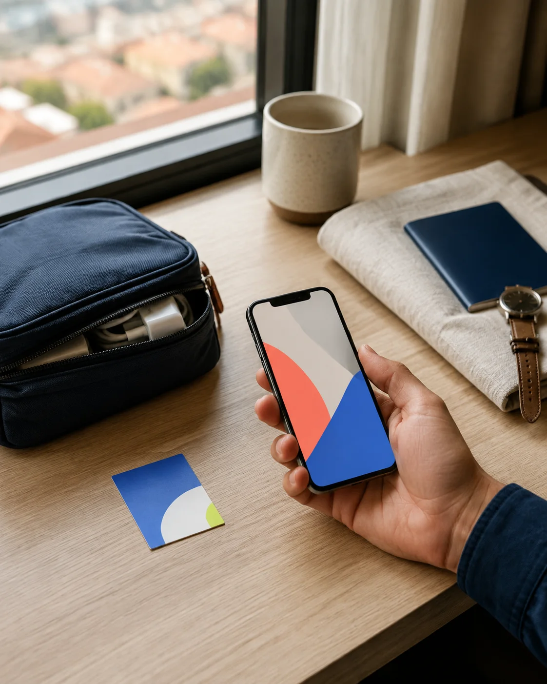 Traveler holding a phone while preparing mobile connectivity