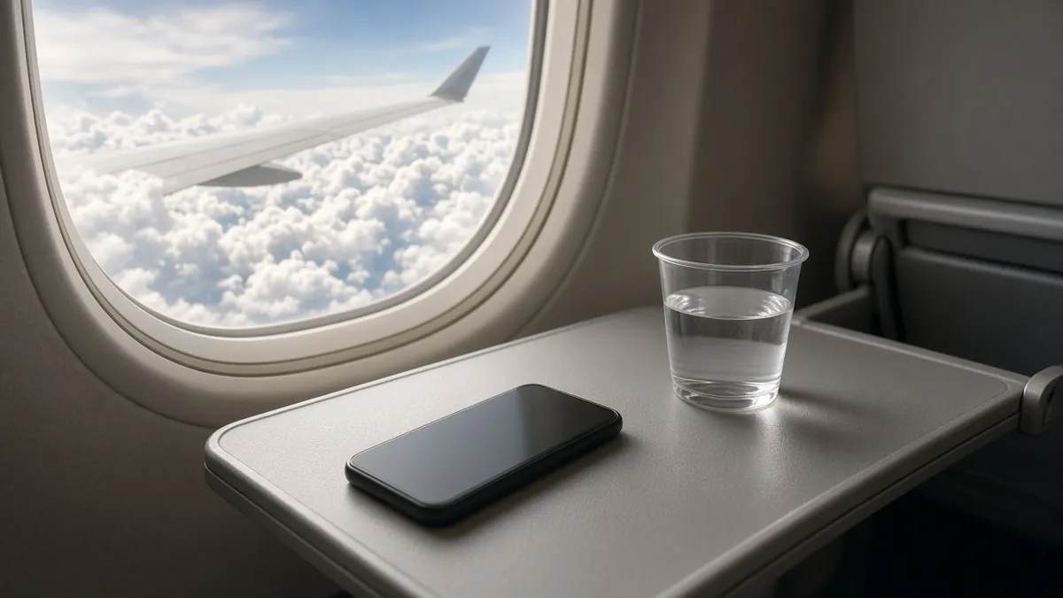 Phone on a plane tray and on a hotel nightstand contrasting eSIM install versus activation