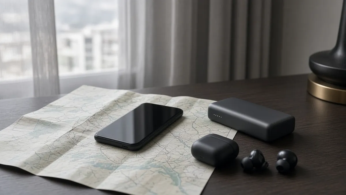 Smartphone on a travel map with a battery pack during eSIM no-service troubleshooting