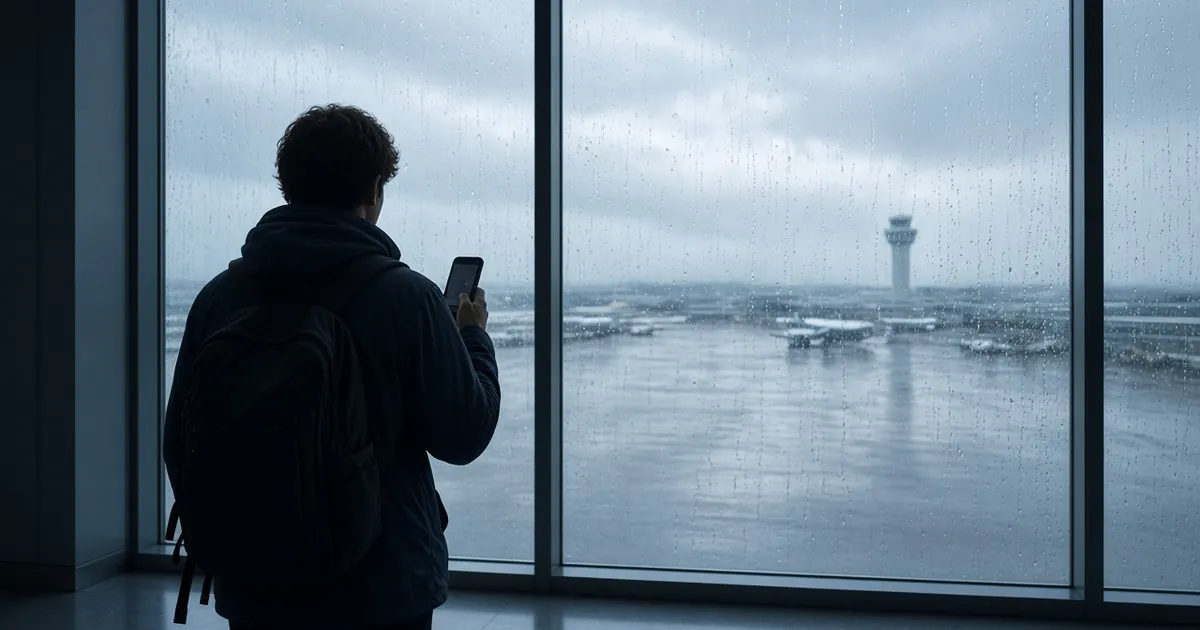 Traveler at an airport window checking a phone with no mobile service