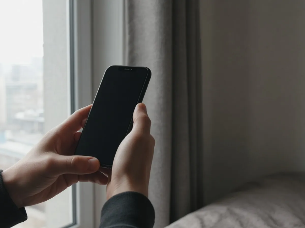Hands restarting a smartphone near a bright window while troubleshooting eSIM service