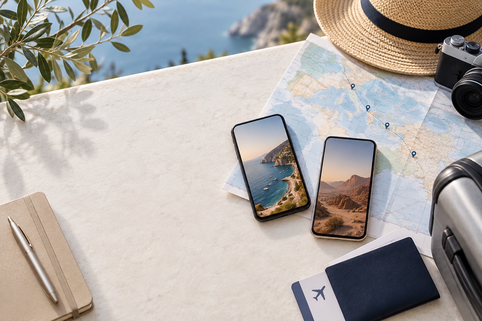 Two smartphones and a route map set up for comparing travel eSIM providers