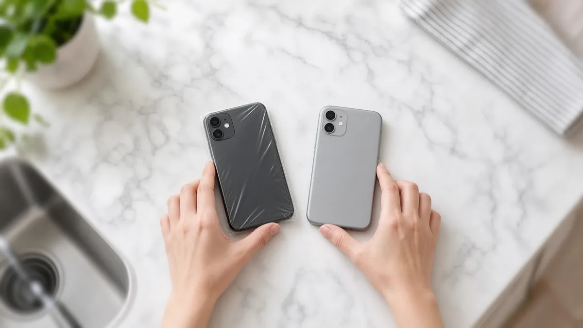 Hands placing an old and new smartphone side by side for eSIM Quick Transfer
