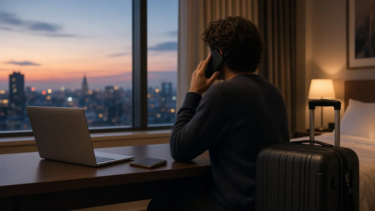 Traveler at a hotel desk holding a phone to their ear with a laptop open beside them