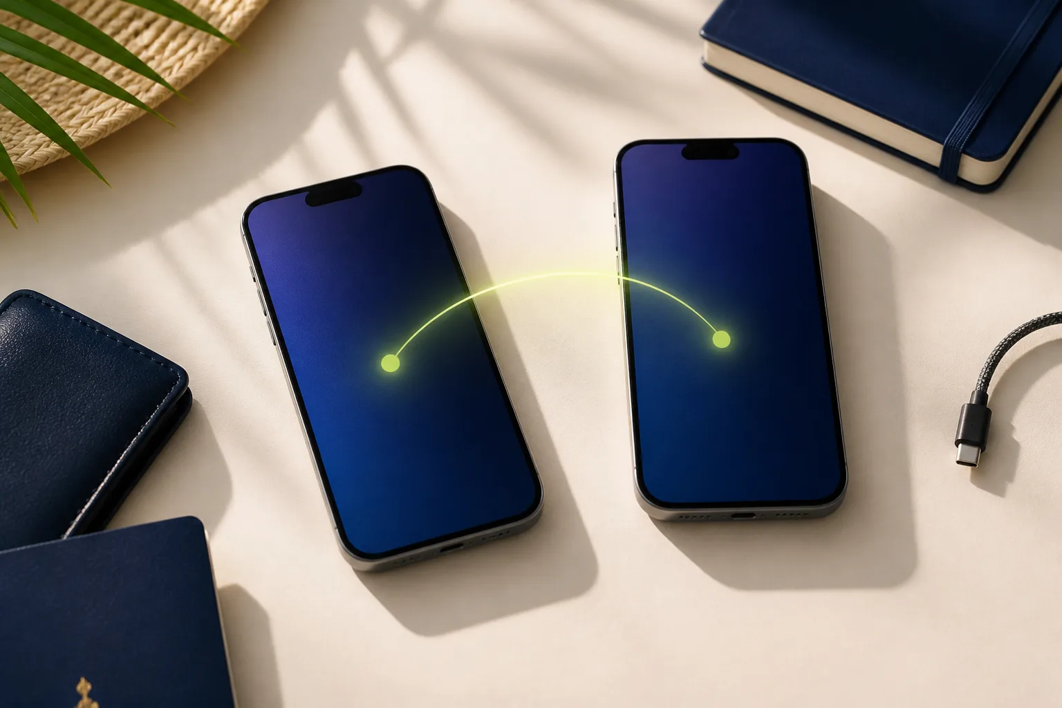 Two smartphones on a travel desk with a simple glowing transfer arrow between them