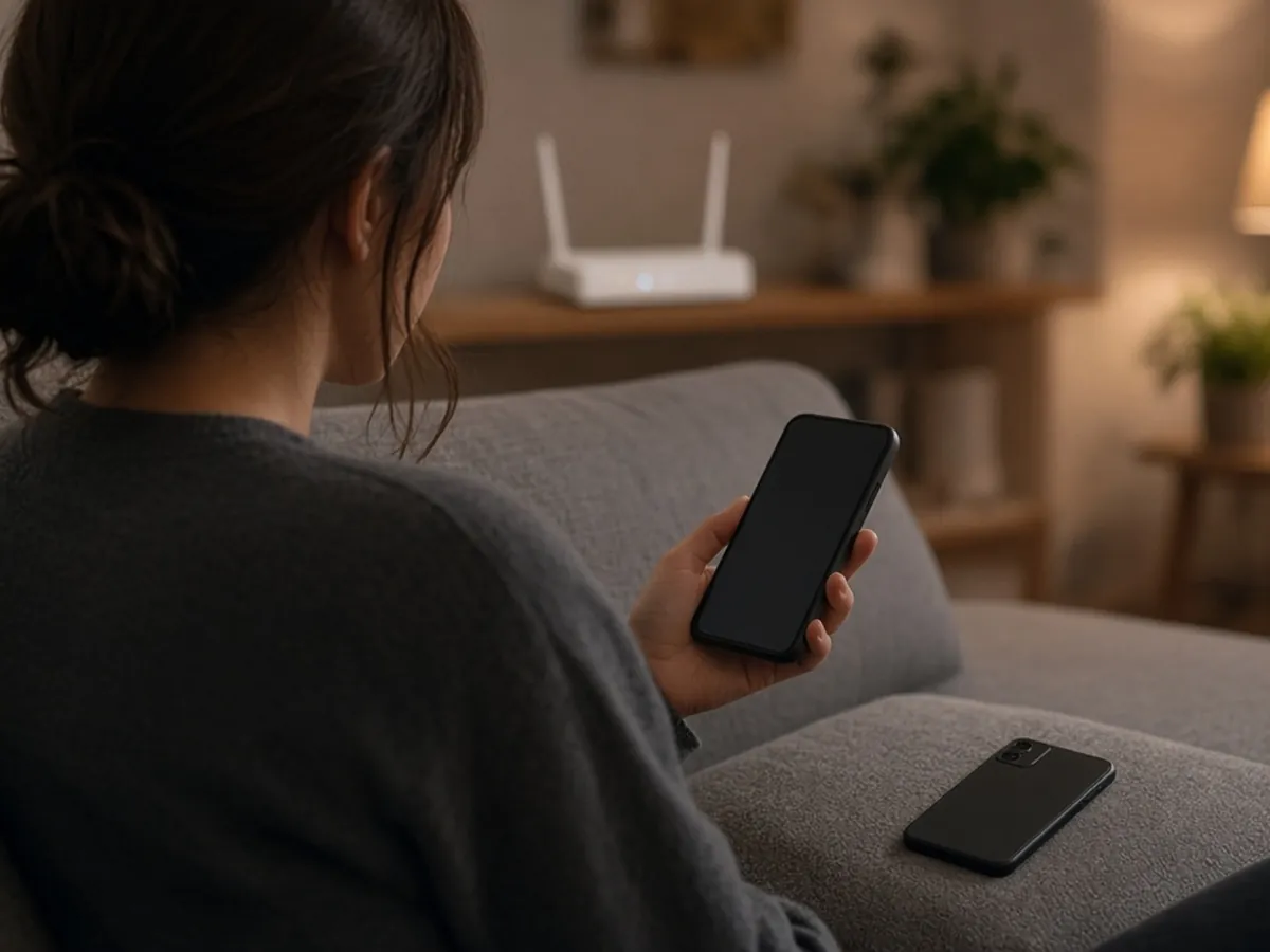 Person from behind setting up a new phone on a sofa with the old phone resting on a cushion beside them