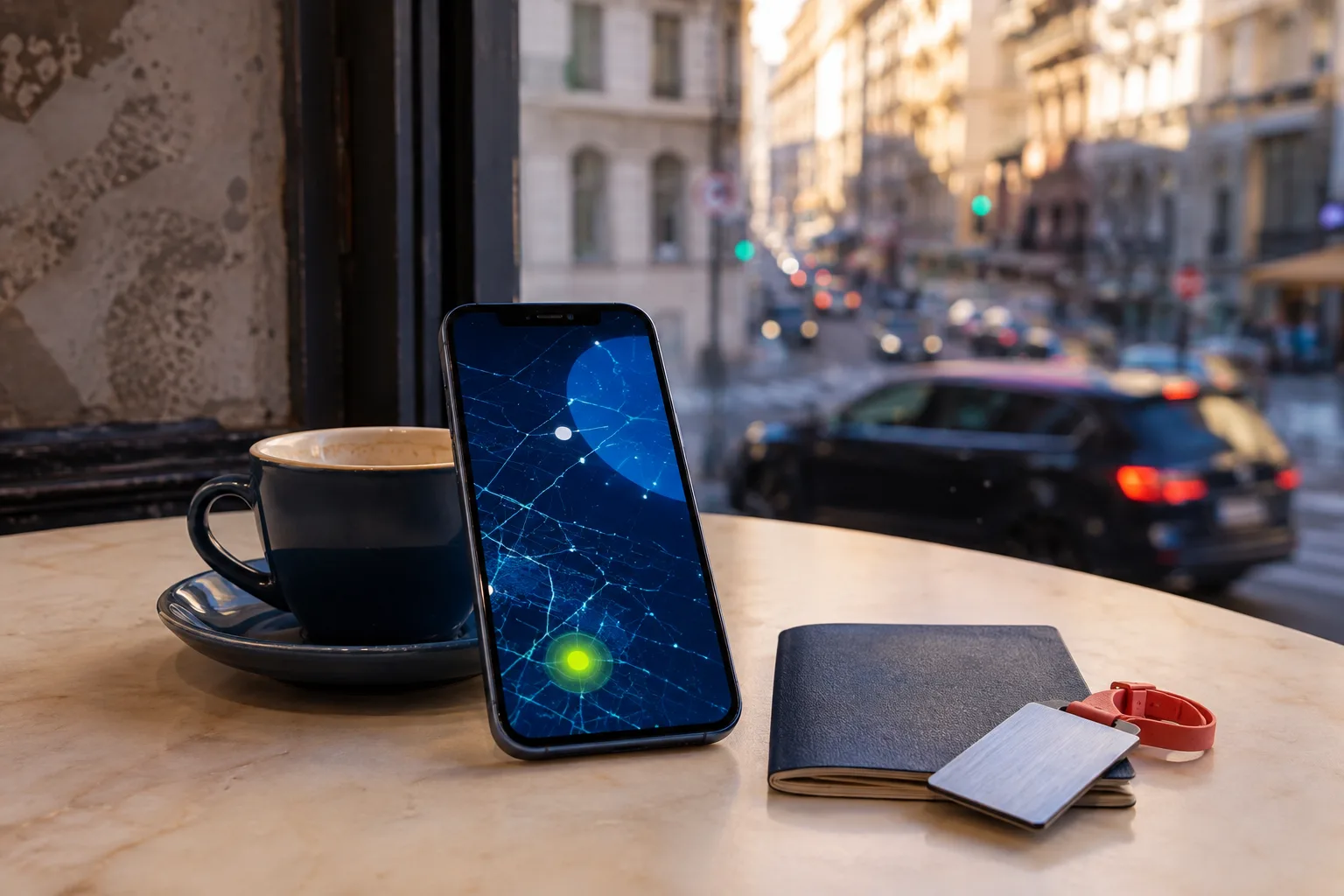 A phone, physical SIM and travel accessories arranged for an eSIM conversion