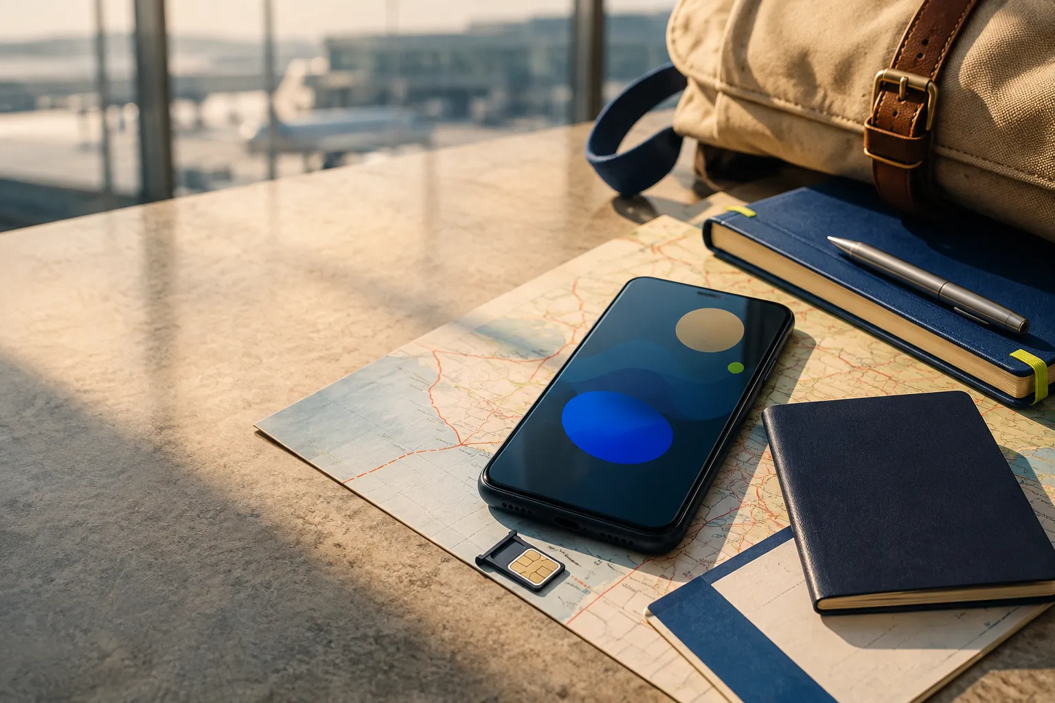 A smartphone and travel eSIM troubleshooting notes for checking mobile data and network settings