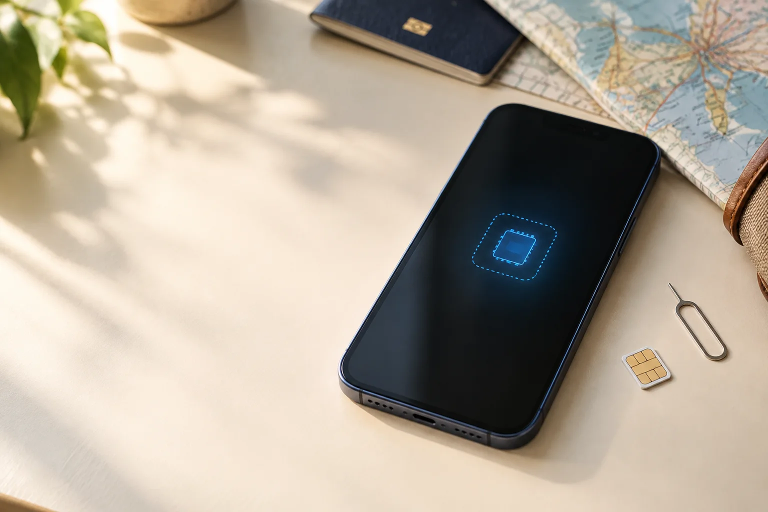 Traveler comparing an eSIM-enabled phone with a physical SIM card beside a passport before a trip
