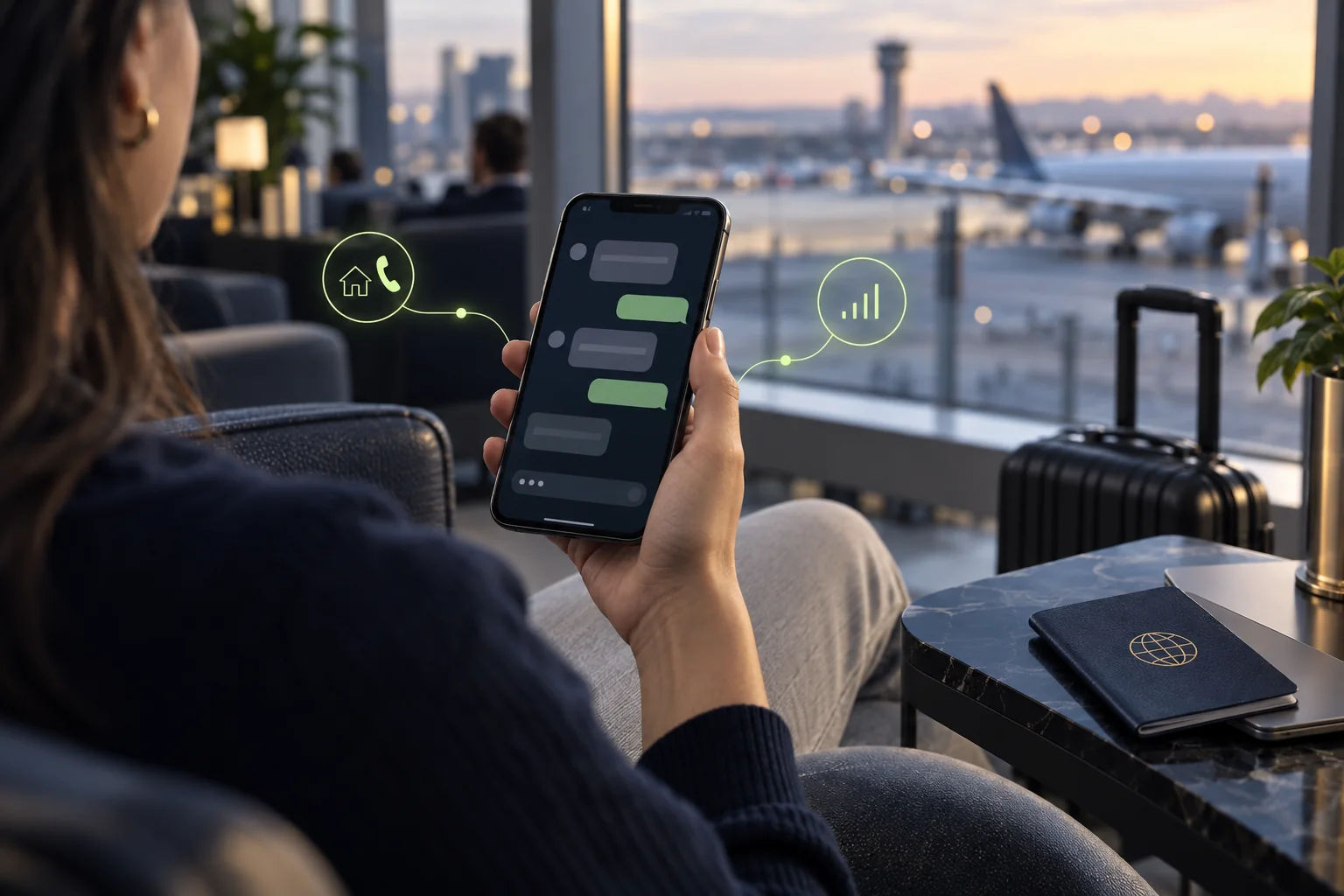 Traveler holding a phone with a generic chat screen while connected through travel data at an airport.