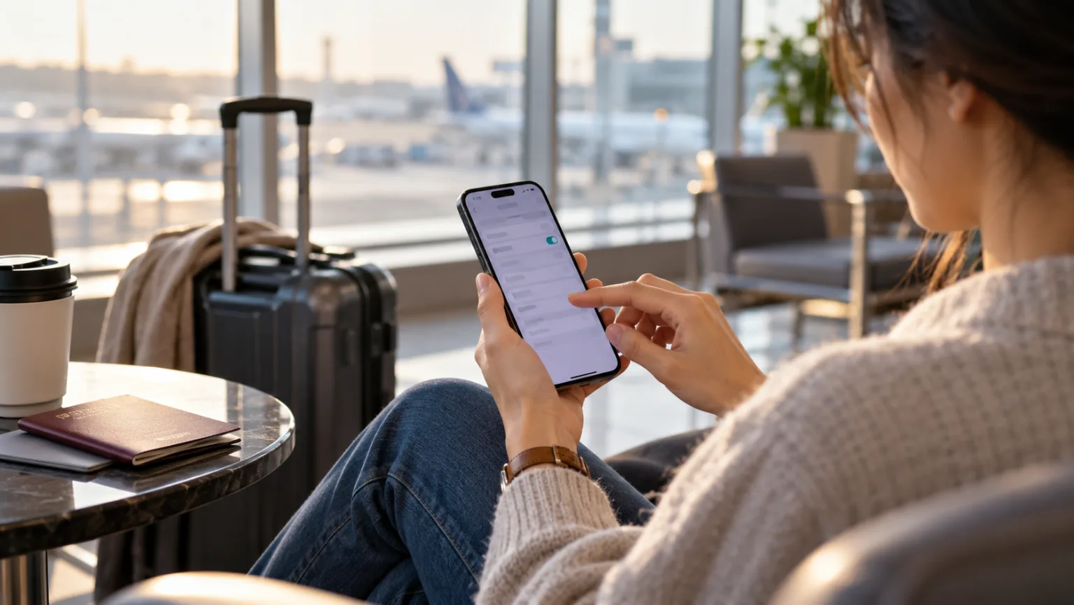 Smartphone showing a mobile-network setup screen beside a travel bag