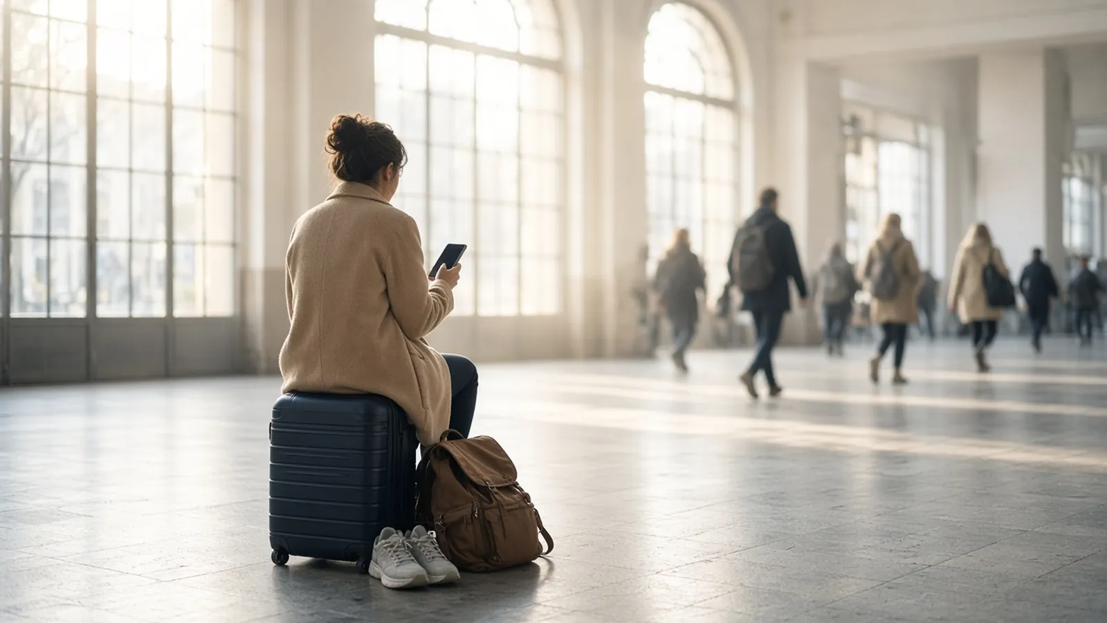 Traveler seen from behind sitting on a suitcase in a bright train station hall, holding a generic phone with the screen turned away