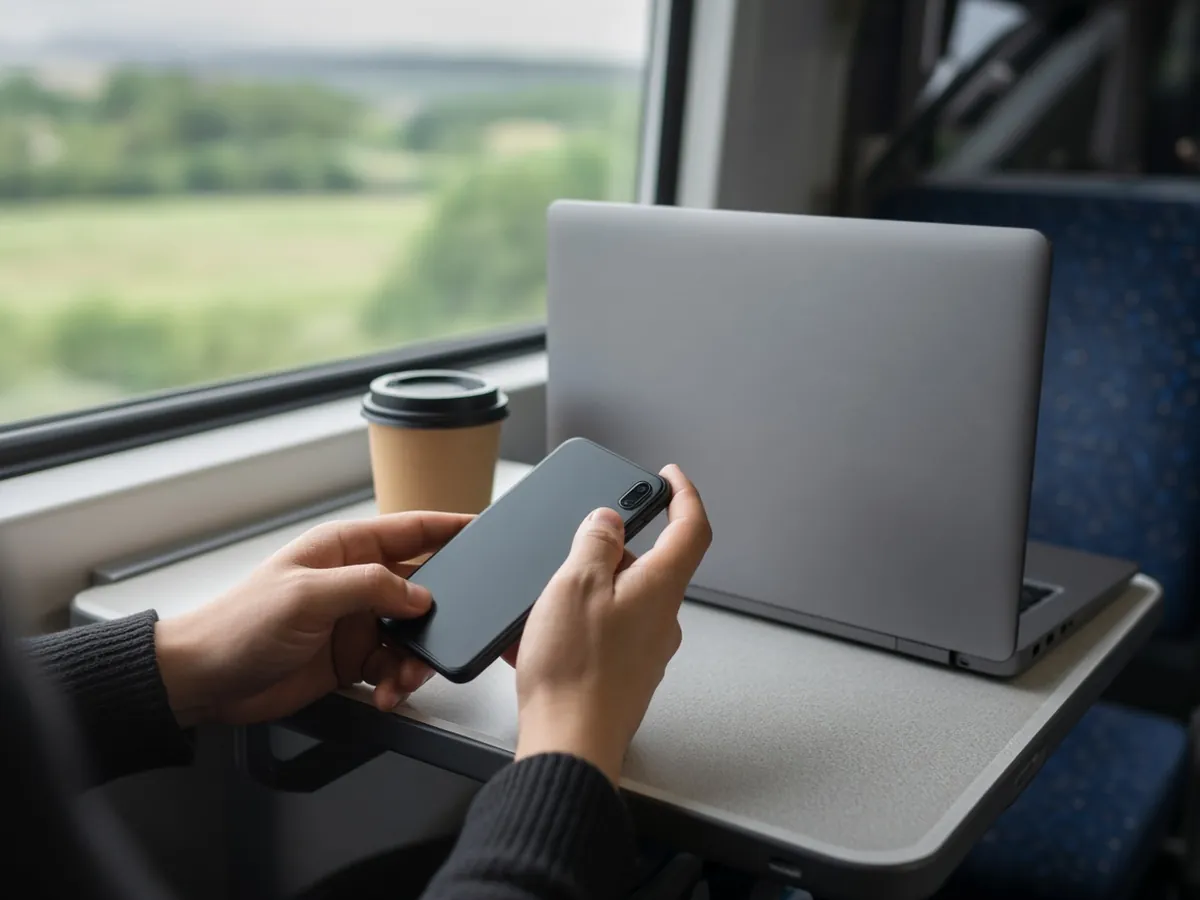 Hands holding a generic smartphone with the screen turned away next to an open laptop on a train table by a window