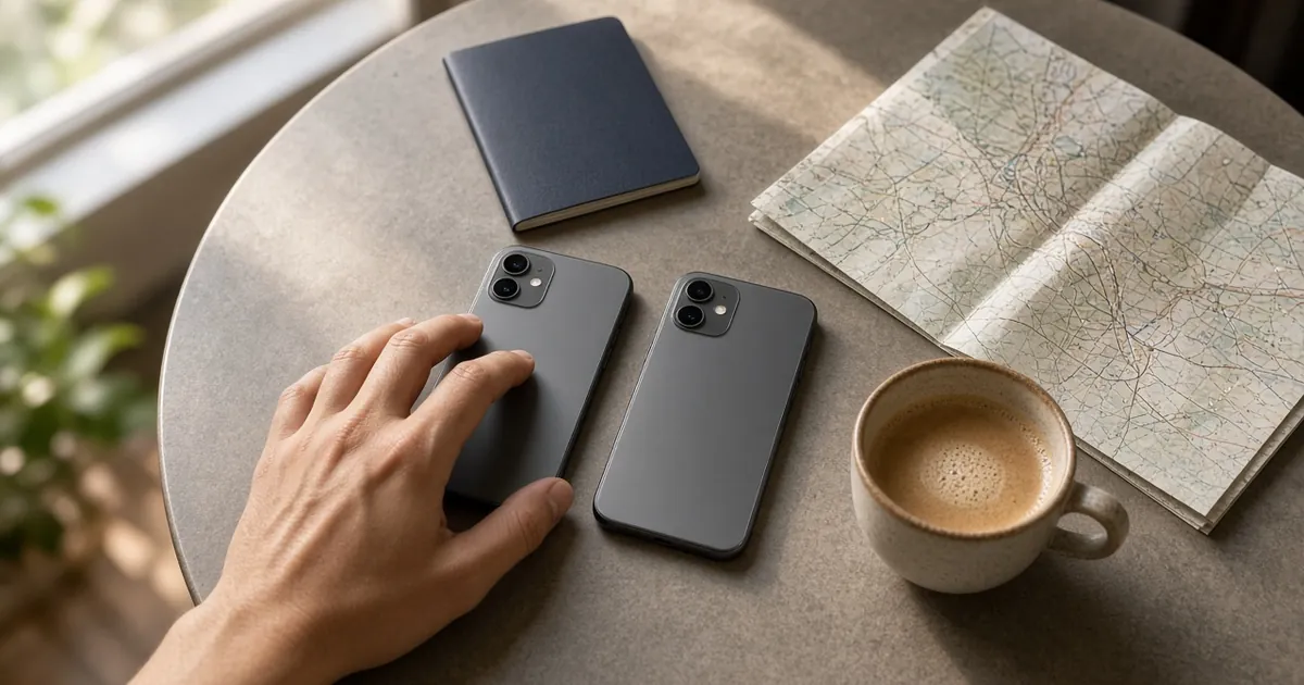 Two generic smartphones lying face down side by side on a café table next to a passport and a coffee cup