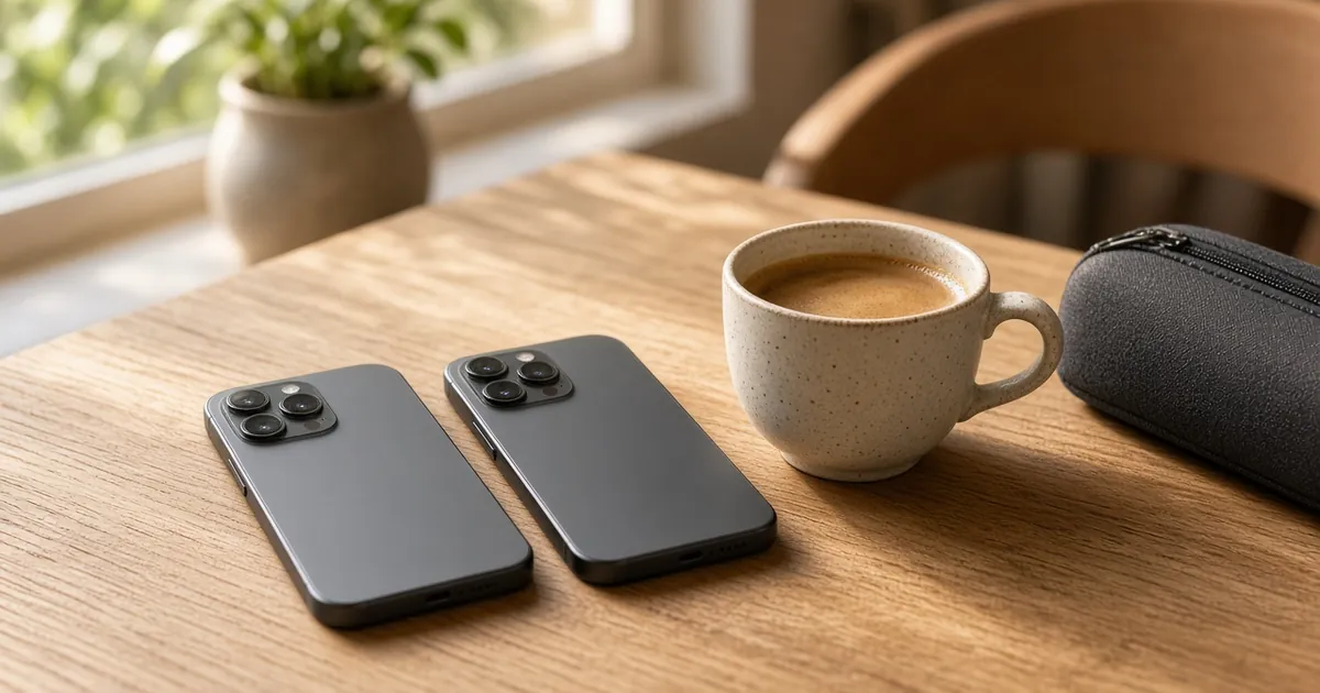 Two smartphones lying face down side by side on a wooden table next to a coffee cup