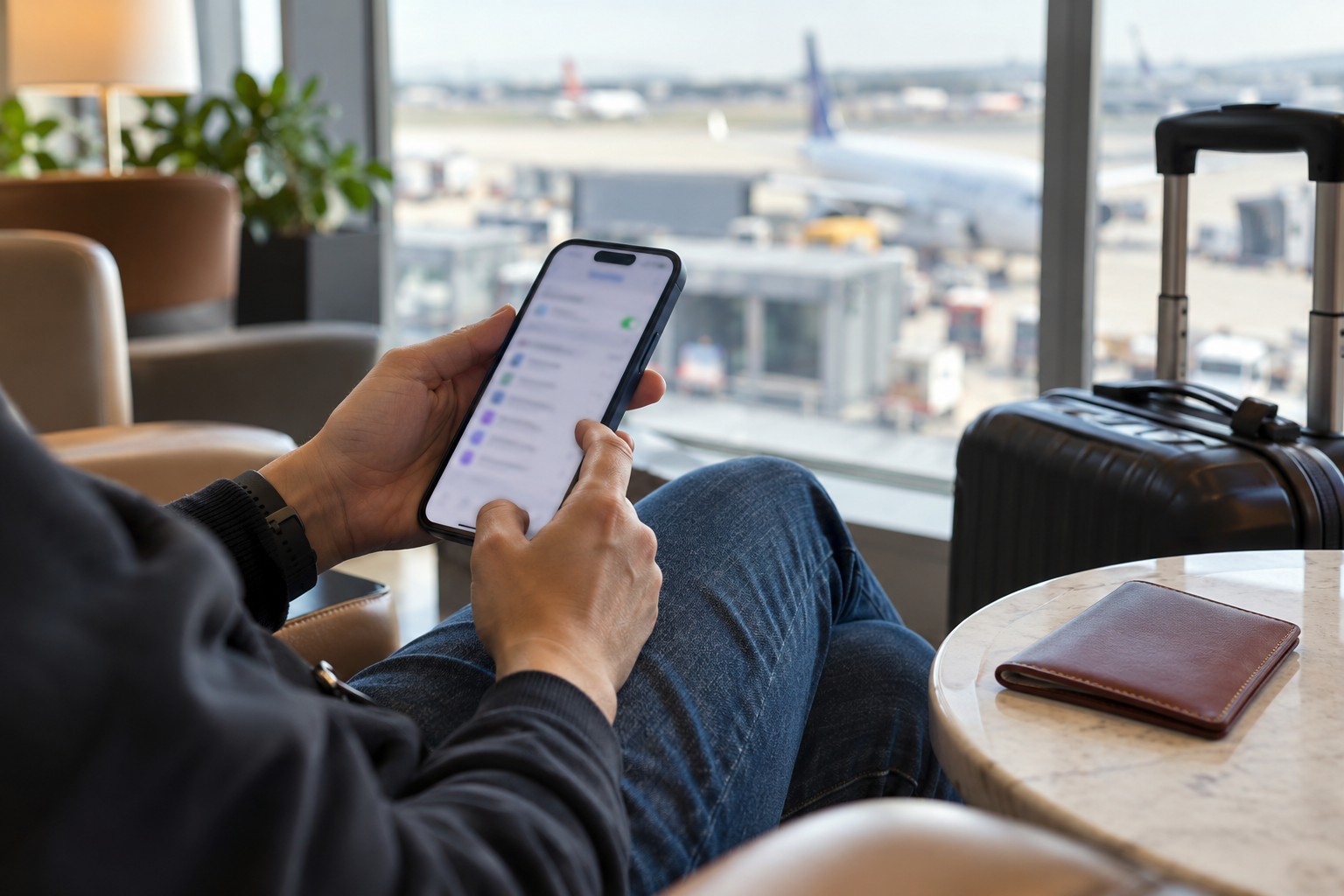 Traveler checking an unbranded smartphone in an airport lounge beside a passport sleeve and carry-on bag