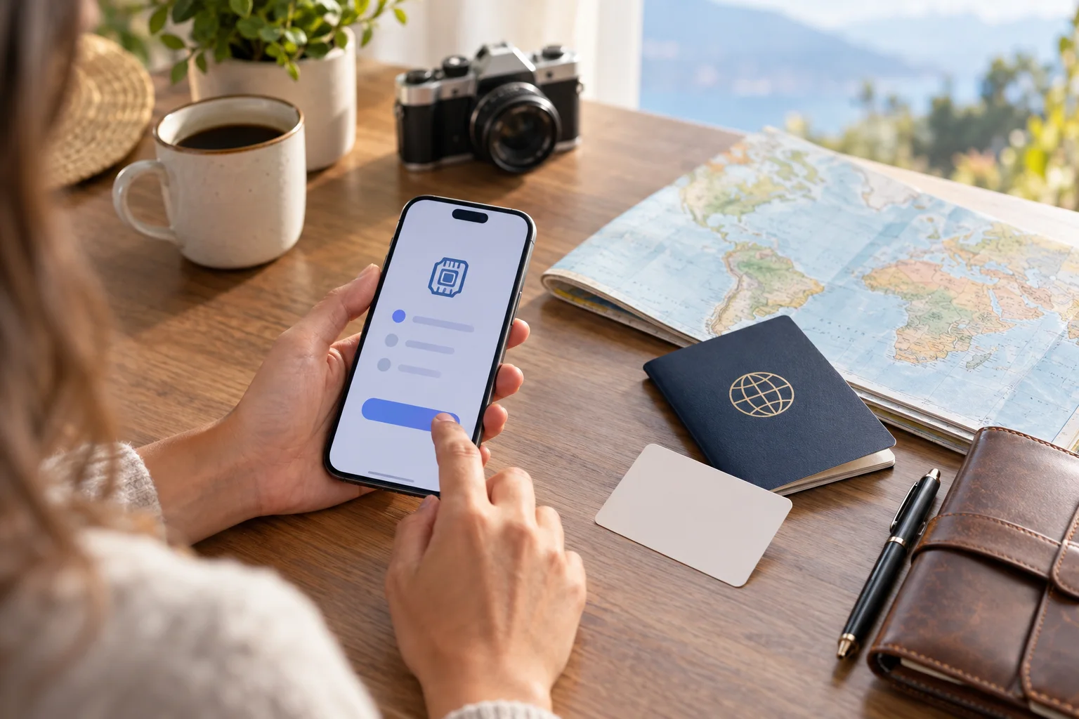 Traveler comparing eSIM plan options on a smartphone beside a passport, map and travel wallet before departure