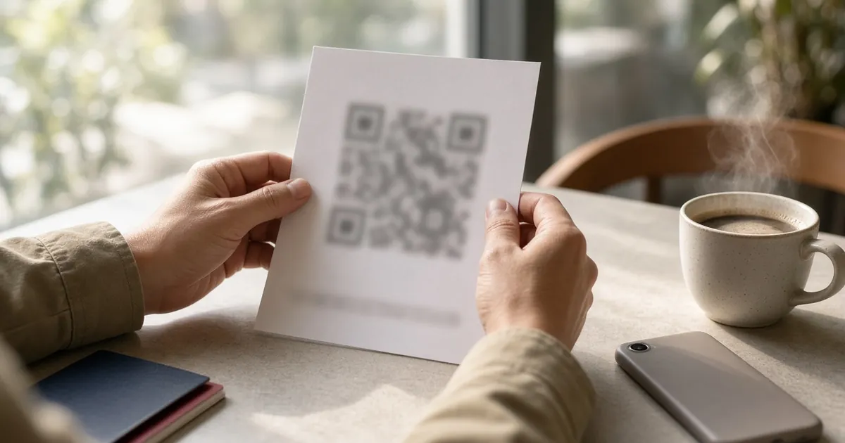 Traveler at a café with a printed eSIM QR sheet beside a smartphone