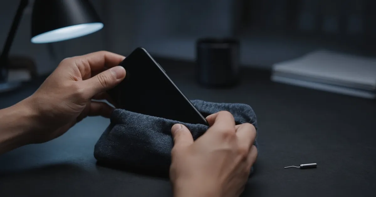 Hands putting a smartphone away after removing an unused eSIM profile