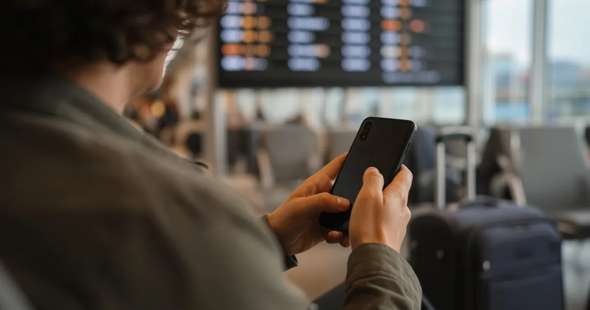 Traveler holding a smartphone in an airport lounge before managing a travel eSIM line