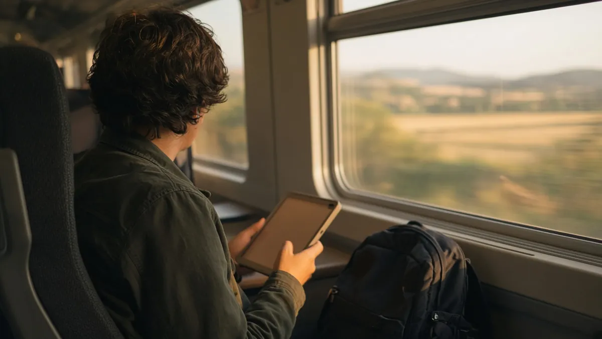 Traveler from behind using a tablet at a train station window seat