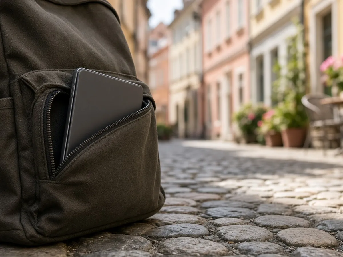 Tablet resting in a backpack side pocket on a sunny old-town street