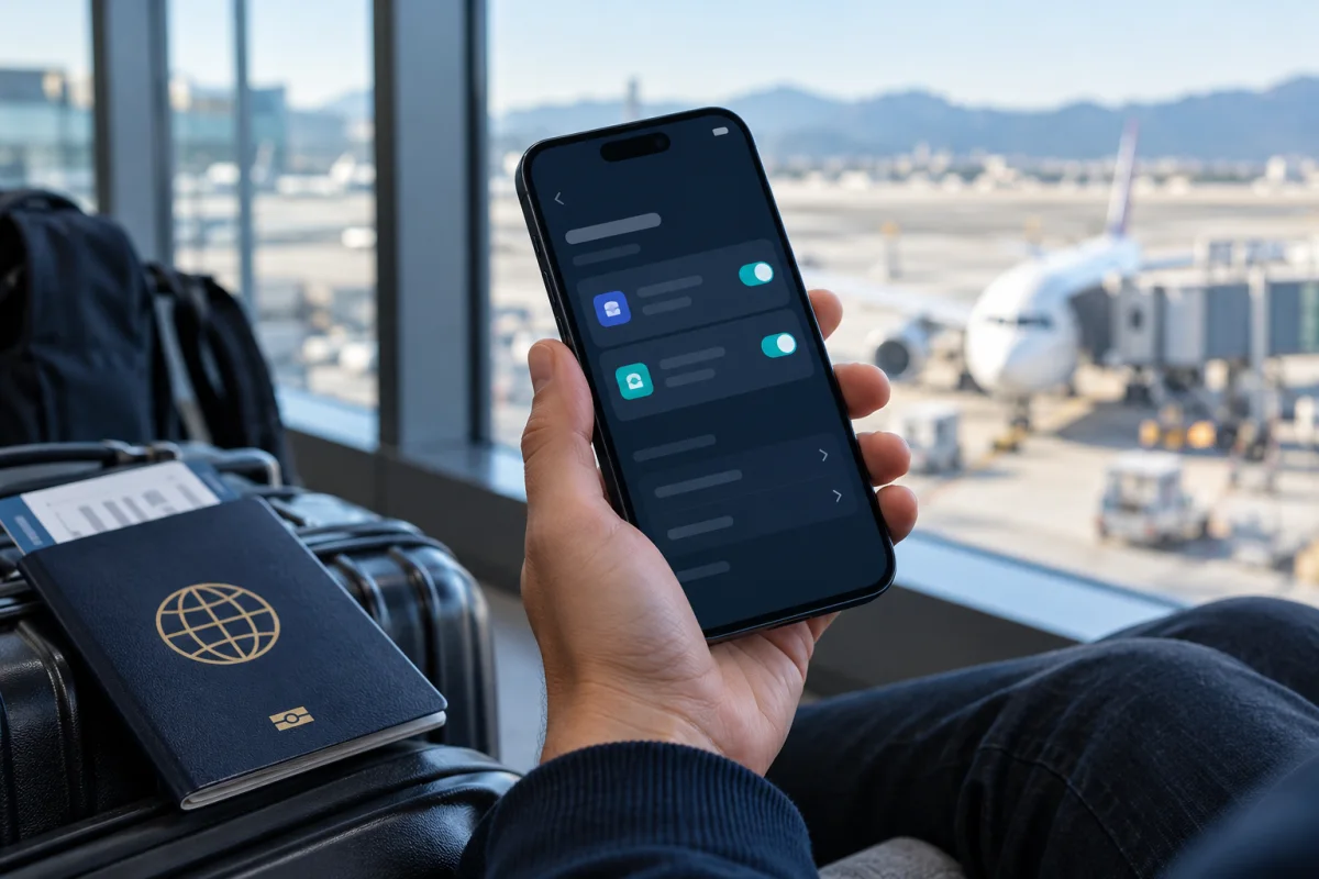 Phone plan settings shown beside a passport, with two active mobile lines highlighted for travel.