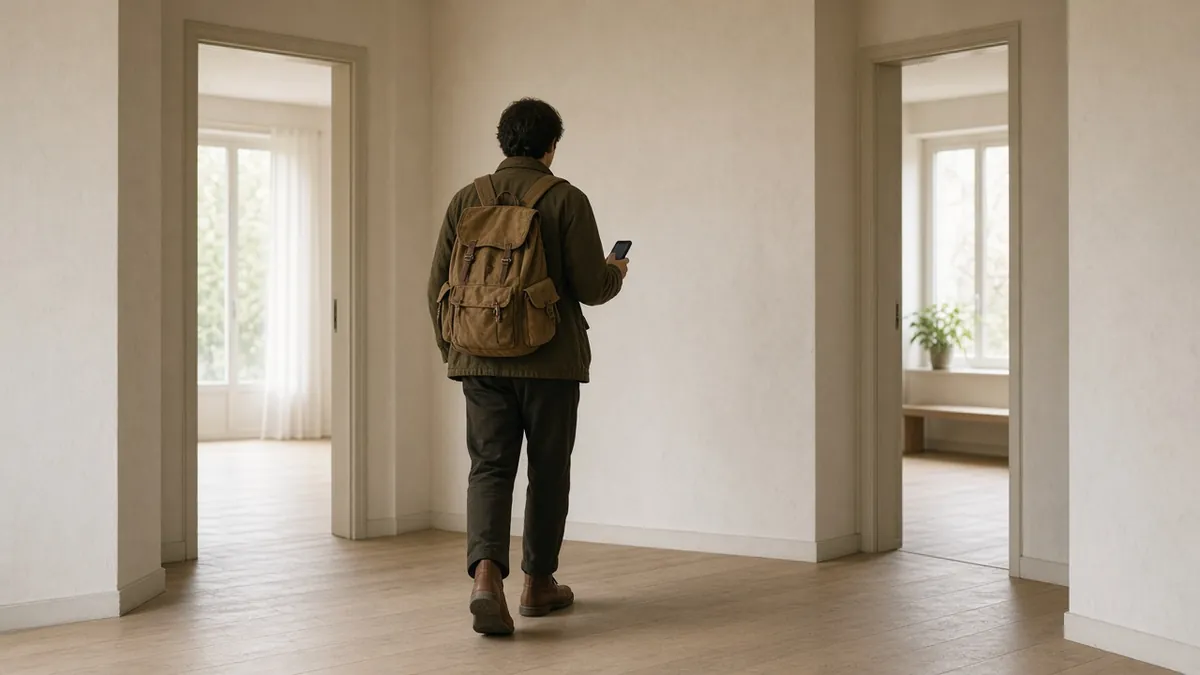 Traveler pausing in a hallway with a phone, choosing how to move an eSIM between phones