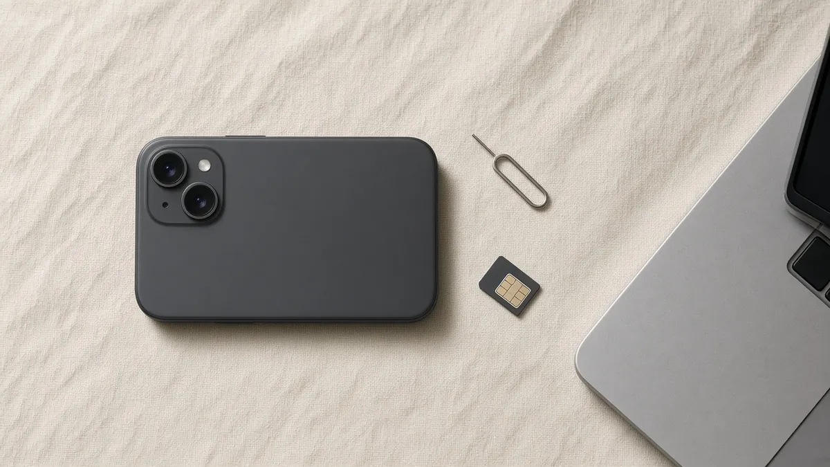 Flat lay of a phone, SIM card and ejector pin prepared for physical SIM to eSIM conversion