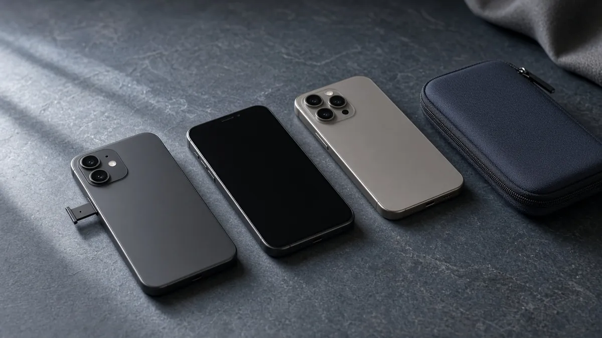 Three smartphones arranged to contrast SIM conversion, phone transfer and travel eSIM use